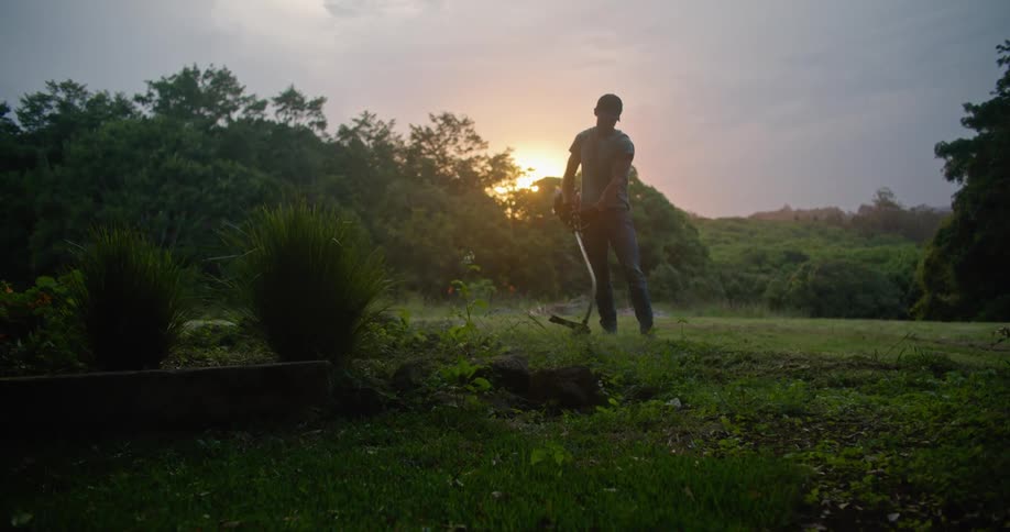 A man uses a weed wacker on a patch of grass near a forest