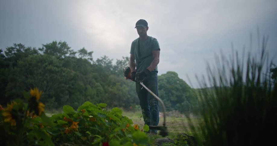 A man is holding a string trimmer and trimming the grass