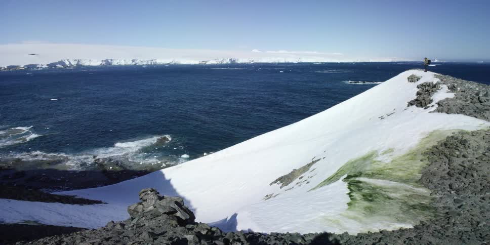A person standing on a snowy hill near the ocean