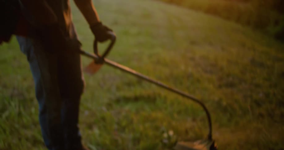 A man clearing weeds in a field stops to take off his baseball cap and wipe his forehead
