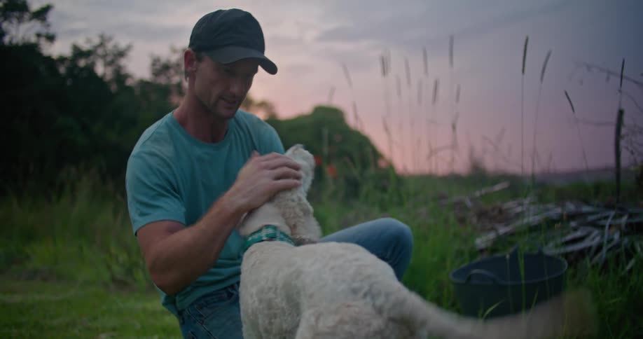 A man pets his dog on the field