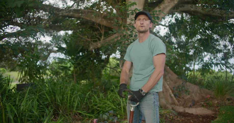 A man takes a break from shoveling a flower bed in front of a large tree