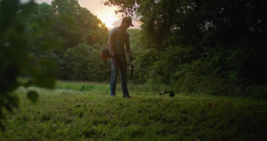 A man starts up a weed wacker while clearing weeds near a forest