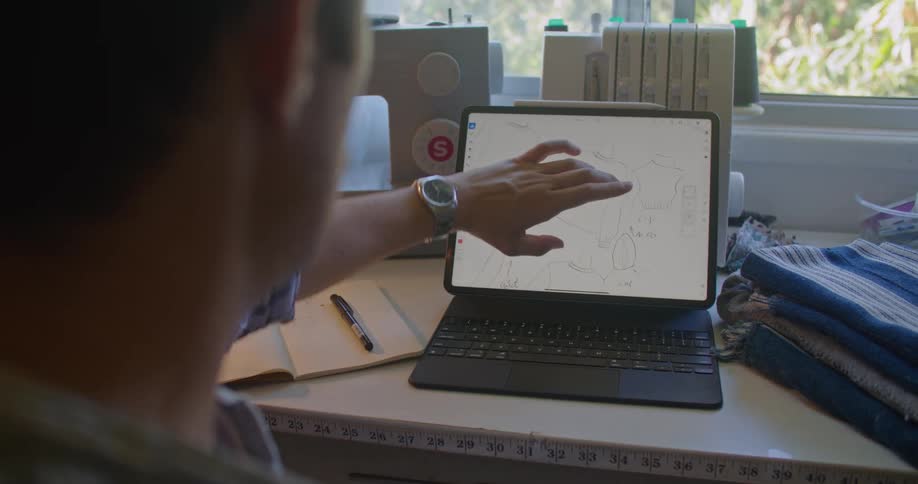 Man adjusts fashion drawing on computer screen sitting on table between fabric and sewing machine