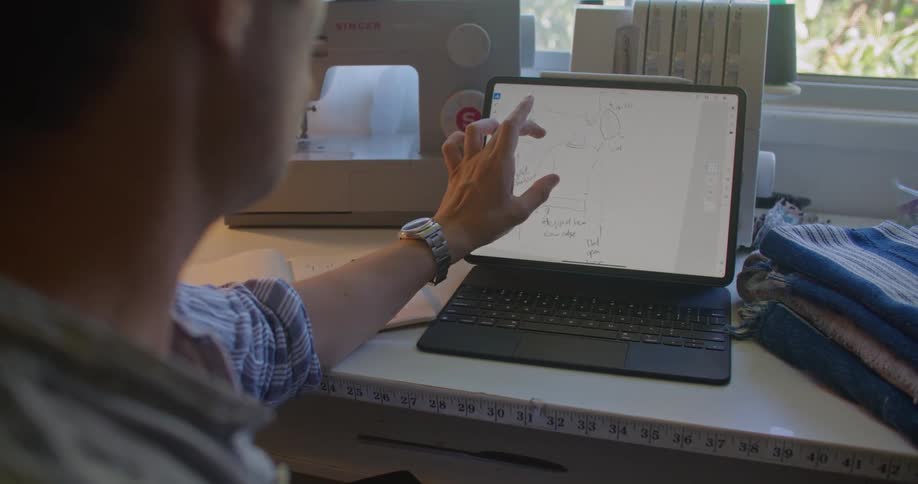 Man sits examining clothes drawings on tablet sitting next to sewing machine