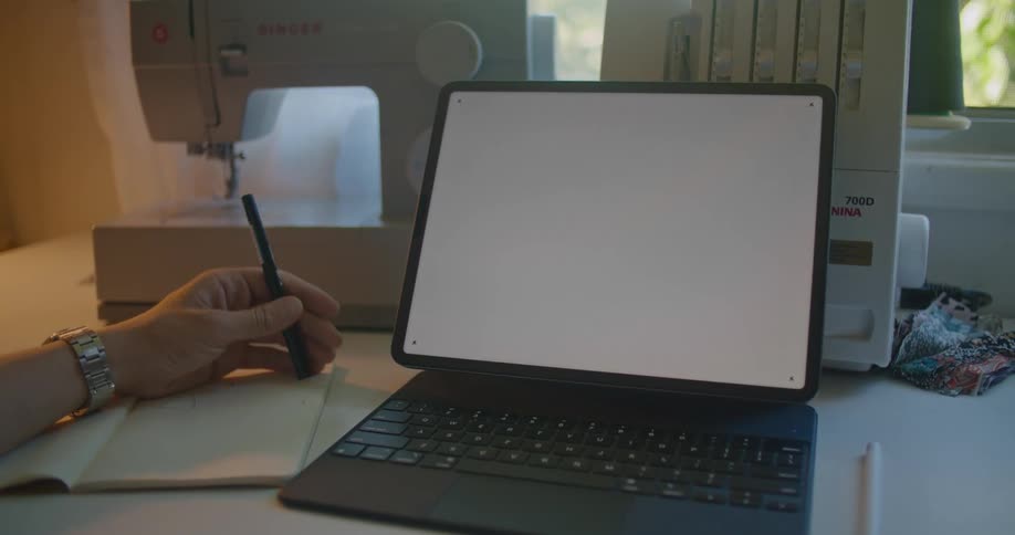A person holds a pen in front of the laptop