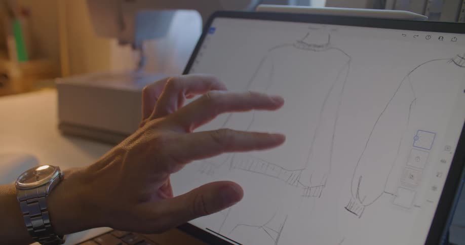 Hand zooming and moving a set of clothing patterns on a laptop screen