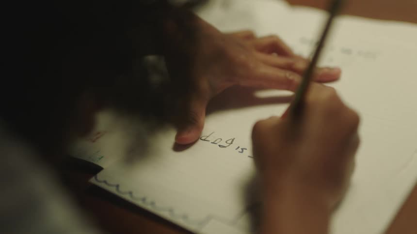 A child writes on a piece of paper