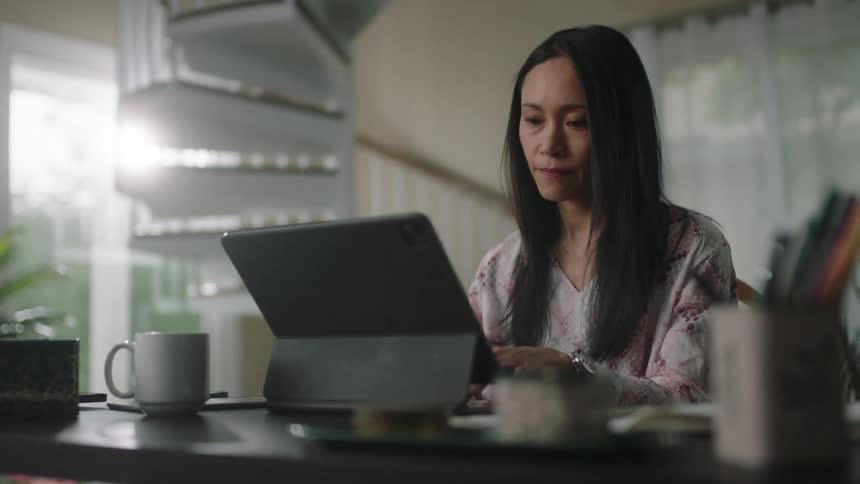 A woman is sitting at a desk typing on a computer and the sun is shining brightly through a window behind her