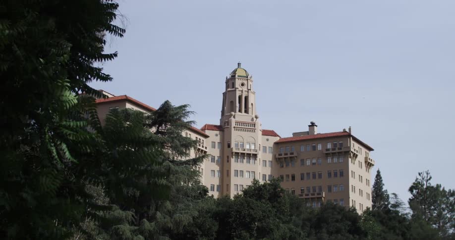 A tall building as seen through trees during the day