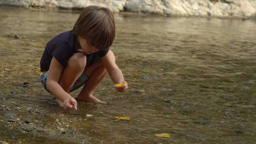 A boy drops leaves into a stream and watches them float away