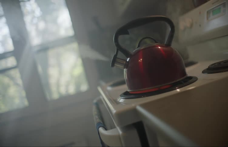 Red tea kettle boils on electric burner