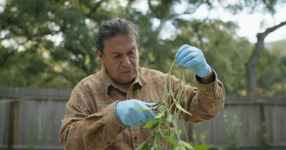Man uses a small scissor to clip the leafs on the branches of a plant in the backyard