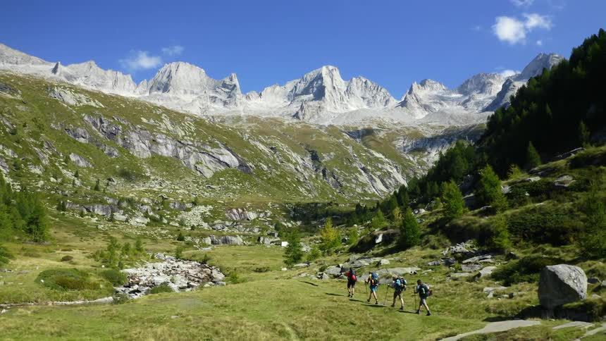 Group of hikers carrying backpacks walking on a valley next to the mountains