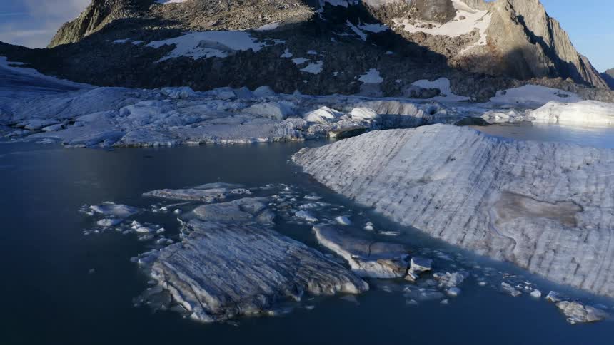 An aerial view of a glacier lake on a mountain