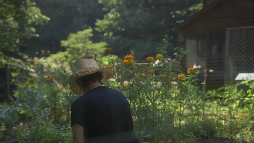 Woman in hat works in a garden