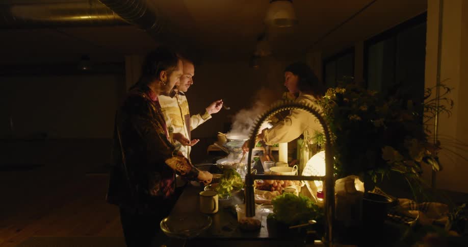 Woman stirs food across from eating men in dark spacious room