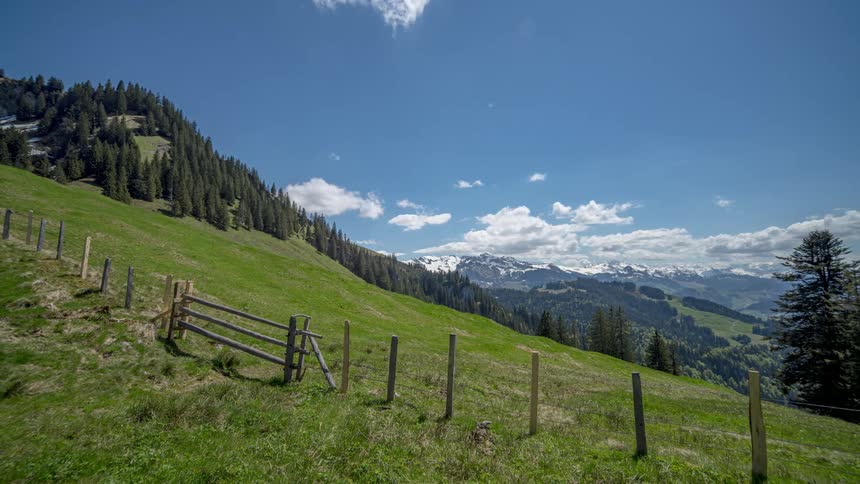 White clouds float across a bright blue sky over a fenced green pasture on a slope