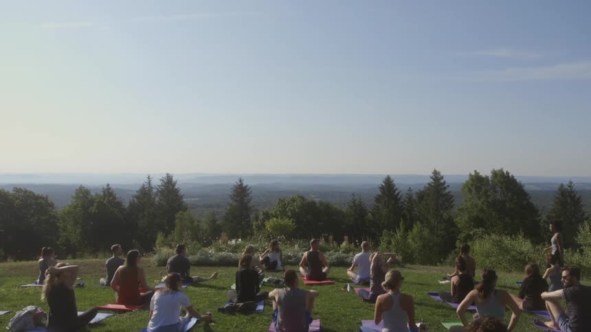 A group of people sit in a green clearing on a clear day