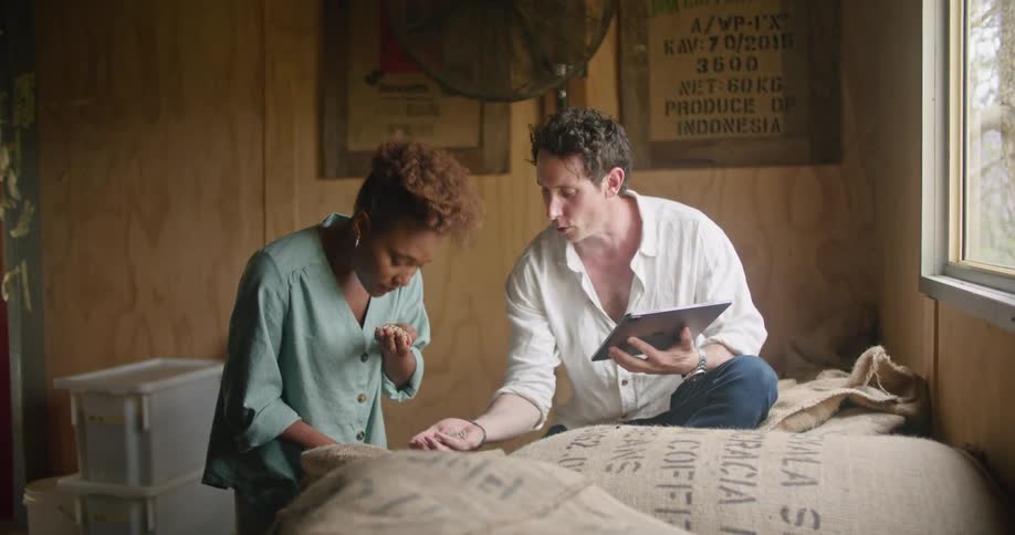 Man with white shirt and jeans holds tablet and checks the coffee beans with woman with female worker with curly hair and and turquoise shirt in coffee beans