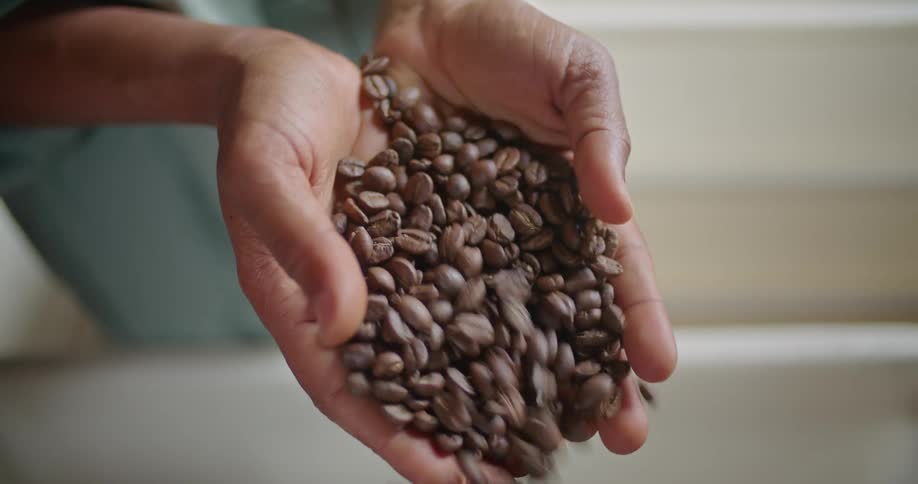 A woman grabs a handful of coffee bins from a large plastic bin