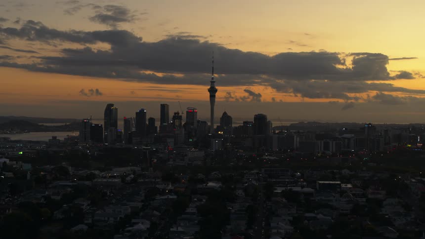 Bird flies over city sitting on side of water under red sky