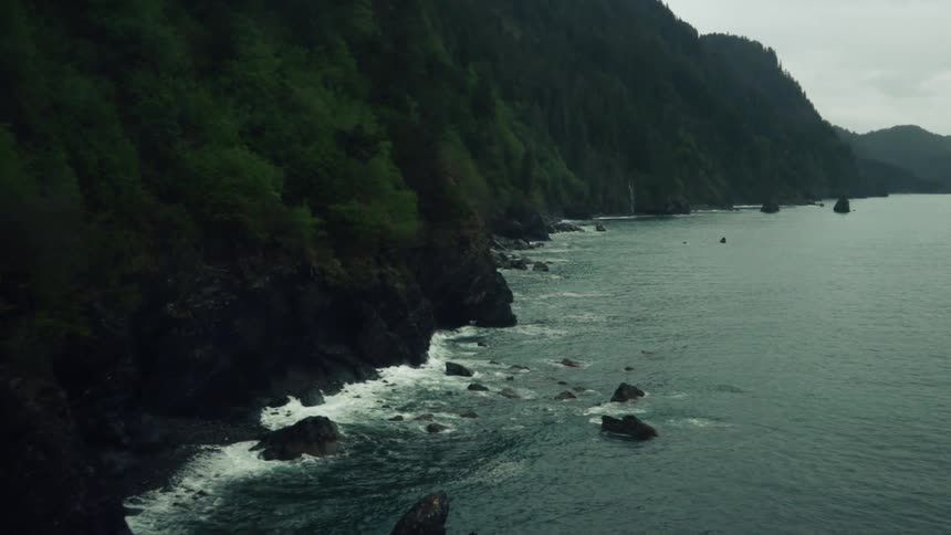 A mountainous coastline covered in thick vegetation on a cloudy day
