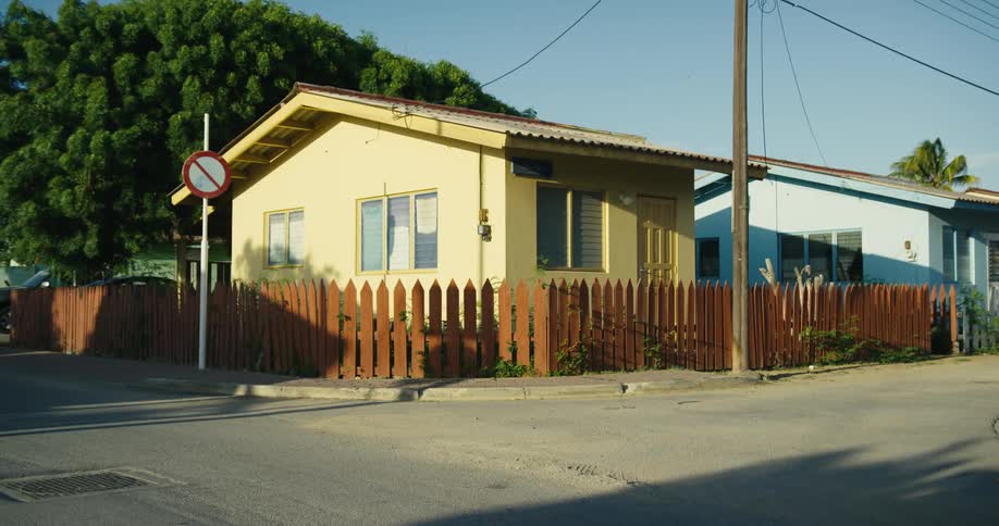 View of detached houses with fences in the street