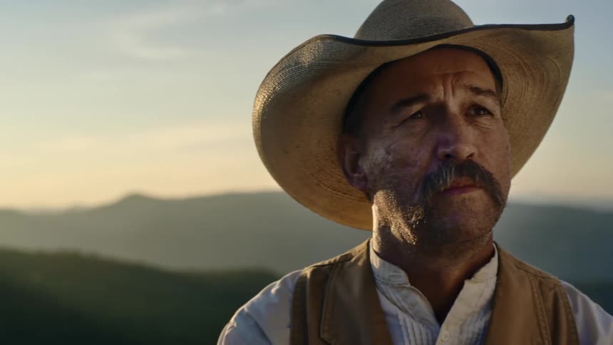 Mature cowboy with a mustache wearing a hat in front of the sunset next to the hills
