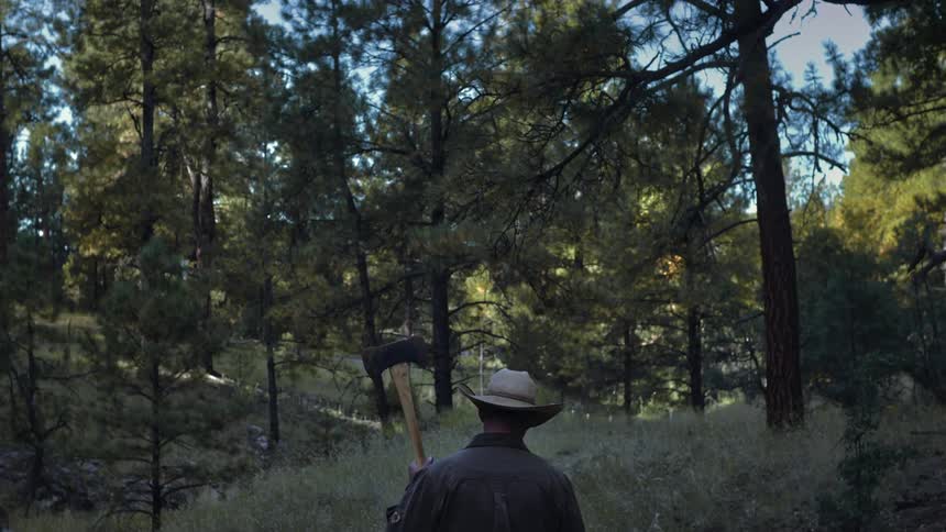 Man wearing a cowboy hat carries ax while walking into forest