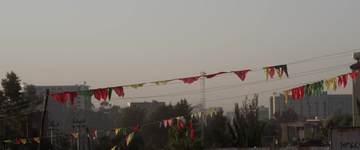 Flags are hanging across this town