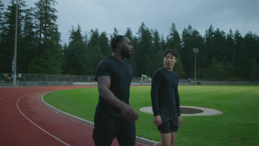 Two men talk while walking along running track in fenced sports field