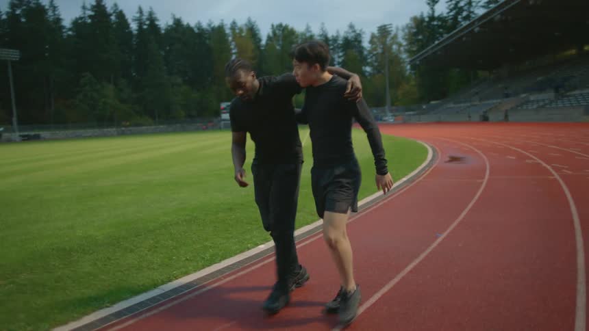 A man helps an injured person on the track