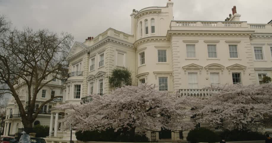 Pretty white building with blossom trees in London