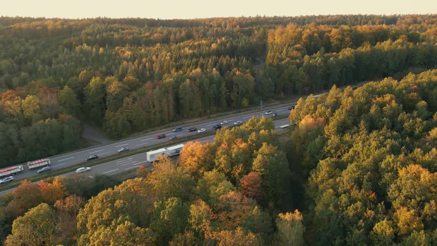 Aerial view of vehicles driving on the highway surrounded by a forest at evening