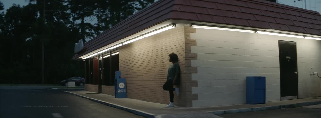 A person is leaning against a building at sunset