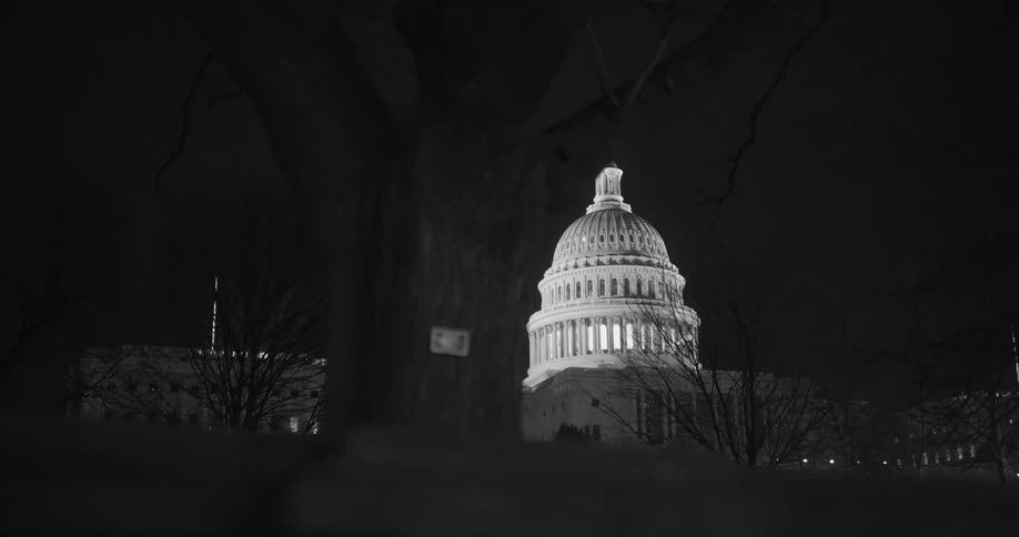 The dome of a government building is lit up at night