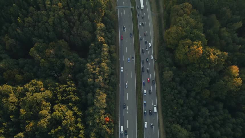 Vehicles driving on a highway through the forest at morning