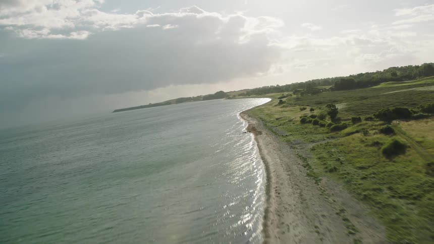 Waves roll onto sandy beach near grassy fields and forested area
