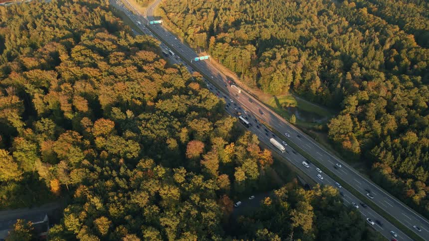 Steady traffic drives along a highway running through dense forest