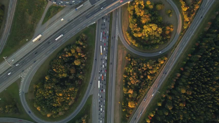 Aerial shot of a traffic jam on a freeway