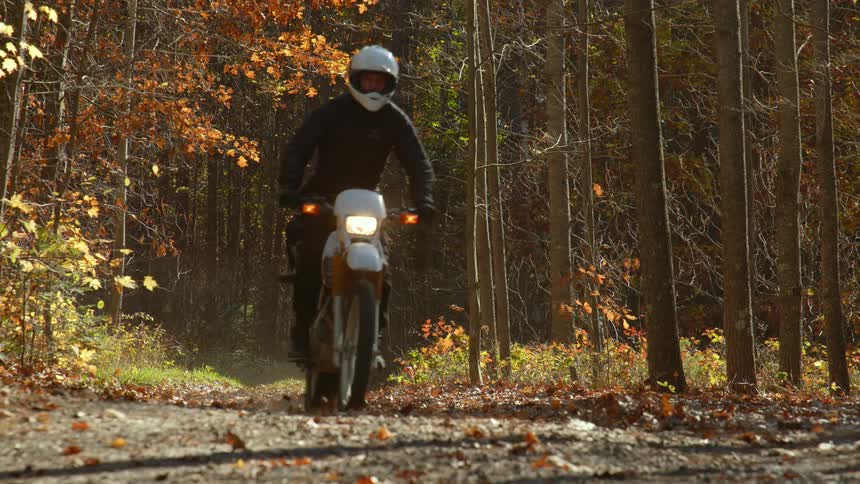 Person wearing helmet rides motorcycle across fallen leaves on ground in forest kicking up dust