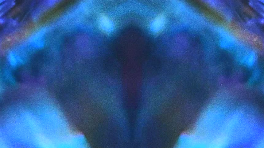 Blue triangular shapes flow across digital graphic