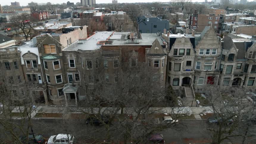 Aerial view of a calm neighborhood on a small city at winter