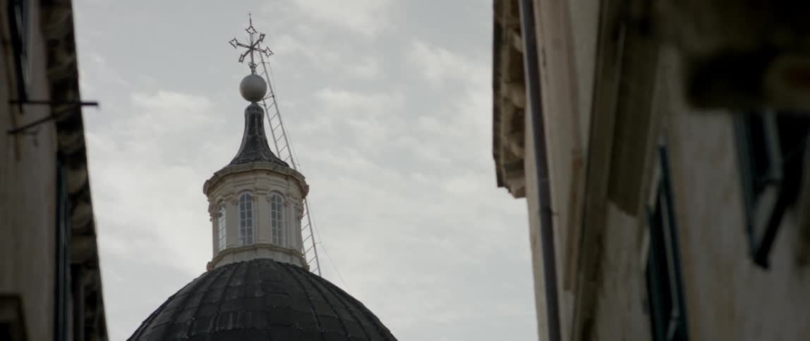 A ladder rests at the top of a building
