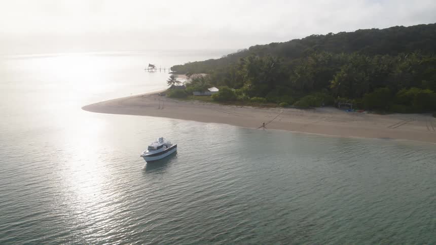 A boat is docked right off the tropical shore