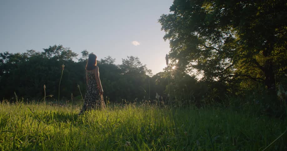 A woman wearing a sundress is walking across tall grass towards trees as the sun shines brightly
