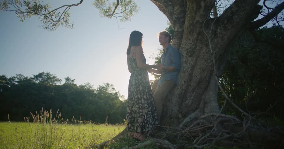 A man leans against a tree and holds hands and talks with a woman in front of him who leans in and kisses him