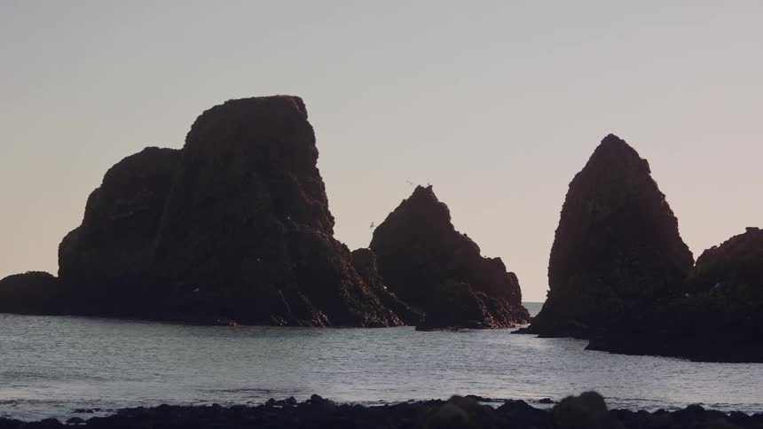 Seagulls fly over the water as waves roll in with large rock formations in the distance