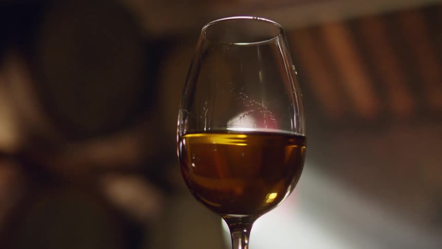 Hand holding a glass of clear wine inside a dimly lit cellar